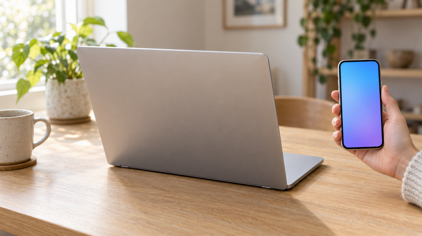 MacBook e iPhone sobre un escritorio, listos para transferir archivos por AirDrop