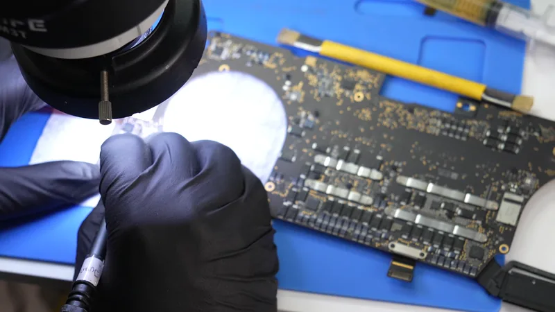 Mano con guante trabaja con el cautín bajo el lente del microscopio, junto a una placa de MacBook